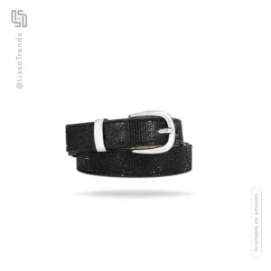 Front view of women's black sequin belt with shimmer finish and silver buckle