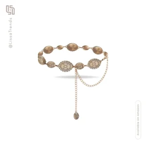 Front view of women's boho belt with chain detail and decorative pendant