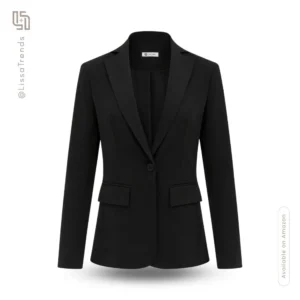 Front view of women's black tailored blazer with single button closure and notch lapel