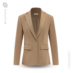 Front view of women's dark khaki blazer with classic fit and front pockets