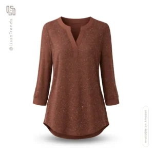 Front view of women's brown blouse with shimmer fabric and three-quarter sleeves