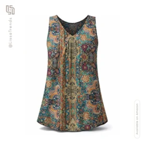 Front view of women's sleeveless blouse with colorful printed pattern and V-neck