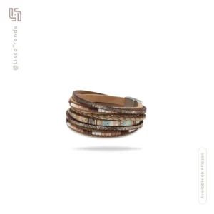 Front view of women's brown boho wrap bracelet with multiple layers and turquoise details