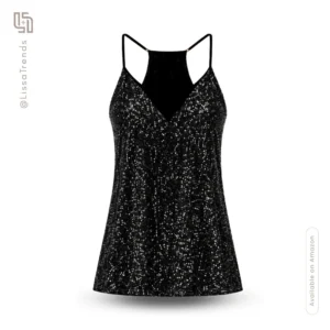 Front view of women's black sequin camisole with thin straps and shimmer finish