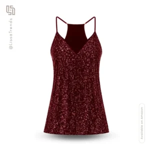 Front view of women's red sequin camisole with thin straps and shimmer finish