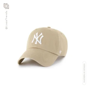 Front view of women's beige baseball cap with embroidered logo and adjustable strap