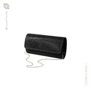 Front view of women's black sequin clutch with chain strap and shimmer finish