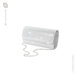 Front view of women's silver sequin clutch with chain strap and shimmer finish