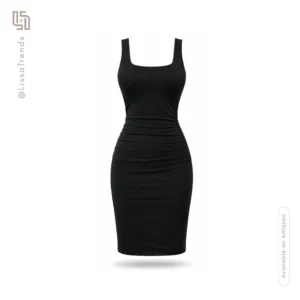 Front view of women's black basic bodycon dress with sleeveless design