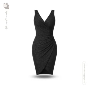Front view of women's black wrap dress with V-neckline and ruched detail