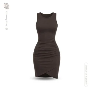 Front view of women's brown dress with ruched detail and sleeveless design