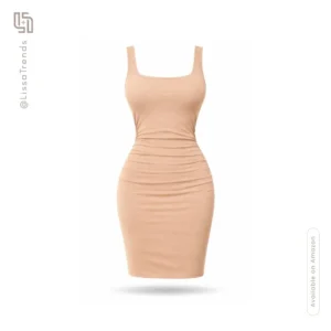 Front view of women's camel basic bodycon dress with sleeveless design