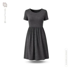 Front view of women's gray loose fit dress with short sleeves and round neckline