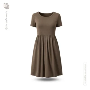 Front view of women's mauve loose fit dress with short sleeves and round neckline