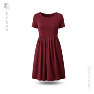 Front view of women's red loose fit dress with short sleeves and round neckline