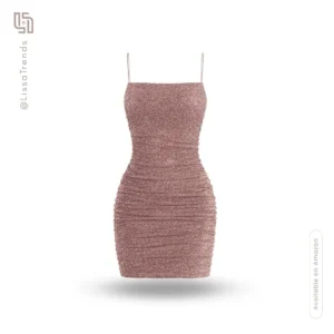 Front view of women's rose gold sequin dress with bodycon fit