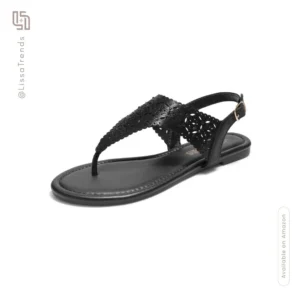Front view of women's black thong flip-flops with flat sole
