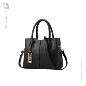 Front view of women's black structured tote handbag with top handles