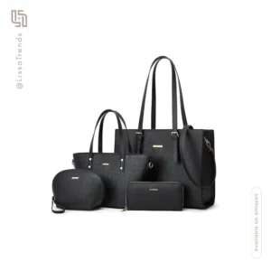 Front view of women's black handbag set with multiple pieces and tote design