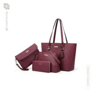 Front view of women's burgundy handbag set with multiple pieces and tote design