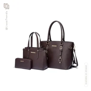 Front view of women's coffee handbag set with multiple pieces and tote design