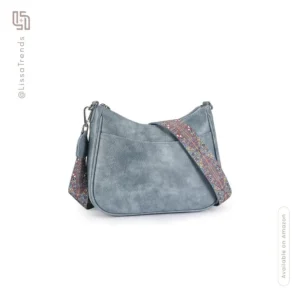 Front view of women's blue boho hobo bag with embroidered strap detail