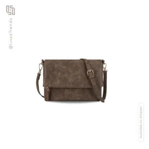 Front view of women's brown boho hobo bag with suede texture and crossbody strap