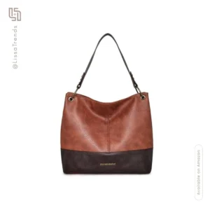 Front view of women's brown and coffee hobo bag with slouchy design