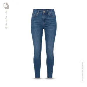 Front view of women's blue skinny jeans with high waist