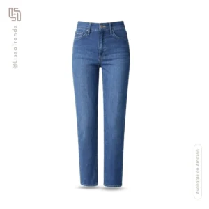 Front view of women's blue jeans with classic straight leg cut