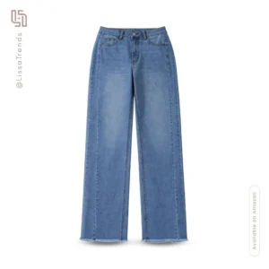 Front view of women's blue jeans with wide leg cut