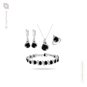 Women's jewelry set with black stones including necklace earrings and bracelet