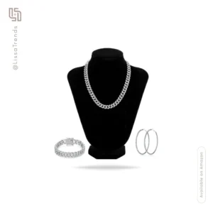 Women's silver tone jewelry set with necklace earrings and bracelet