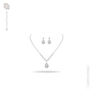 Women's delicate silver tone jewelry set with pendant necklace and matching earrings