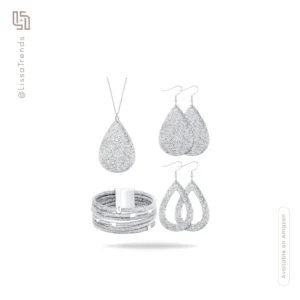 Women's silver tone statement jewelry set with larger pendant earrings and ring