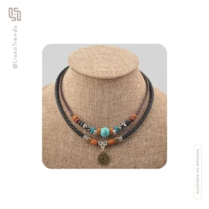 Front view of women's boho double necklace with choker and layered chain design