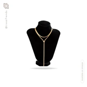 Front view of women's gold tone two-layer necklace with Y-chain design