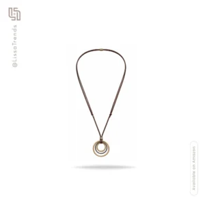 Front view of women's boho long necklace with circular pendant and leather cord