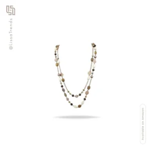 Front view of women's boho double-layer long necklace with beads and charms