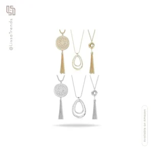 Women's layered long necklace set with multiple pendants in gold and silver tones