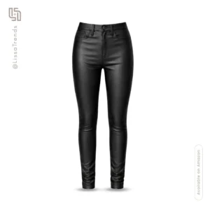 Front view of women's black faux leather skinny pants