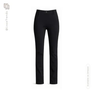 Front view of women's black tailored pants with straight leg cut