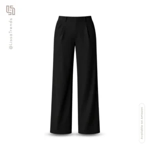 Front view of women's black tailored pants with wide leg cut