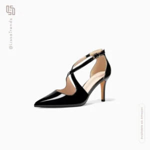 Front view of women's black pumps with braided T-strap detail and stiletto heel