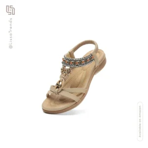 Front view of women's beige boho sandals with embellished strap and comfortable sole