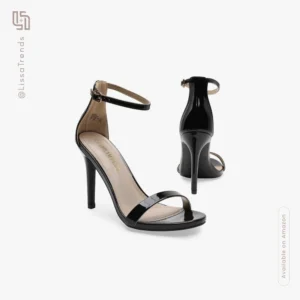 Front view of women's black classic heeled sandals with thin straps and open toe