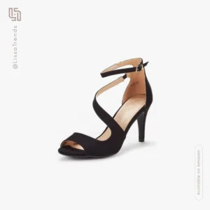 Front view of women's black heeled sandals with wide strap and open toe