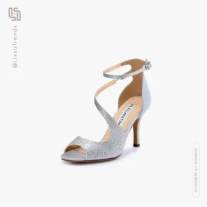 Front view of women's silver glitter heeled sandals with ankle strap and open toe