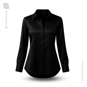Front view of women's black long sleeve button-down shirt with classic collar