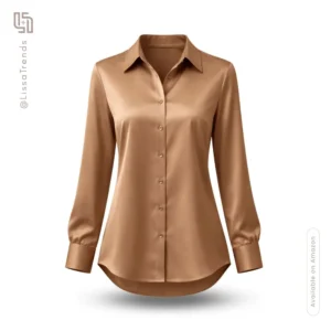 Front view of Zeagoo silk satin button down blouse in Toffee brown color.